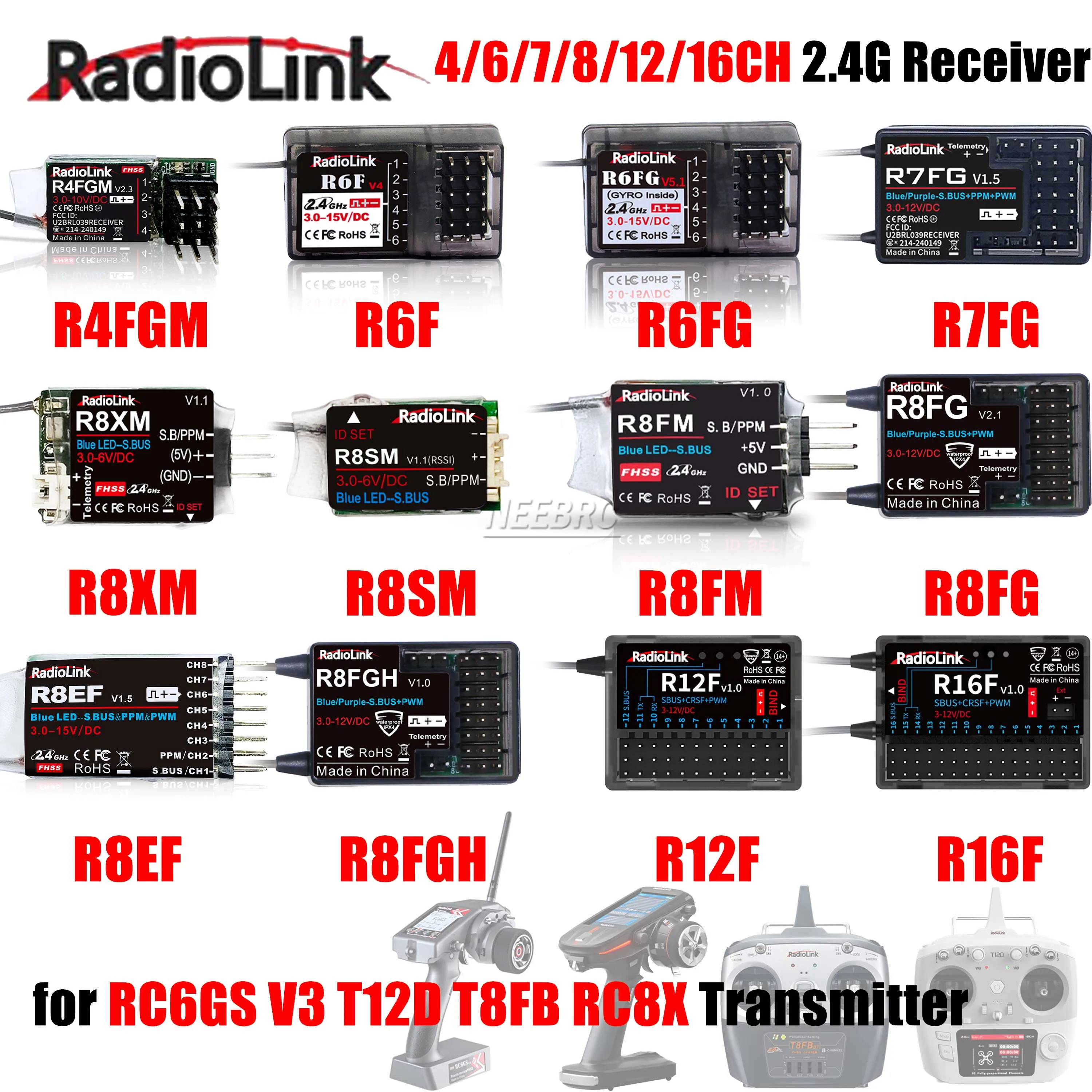 

RadioLink R4FGM R6FG R7FG R8SM R12F R16F 4/6/7/8/12/16CH 2.4G Receiver for RC6GS V3 T12D T8FB RC8X Transmitter Remote Controller
