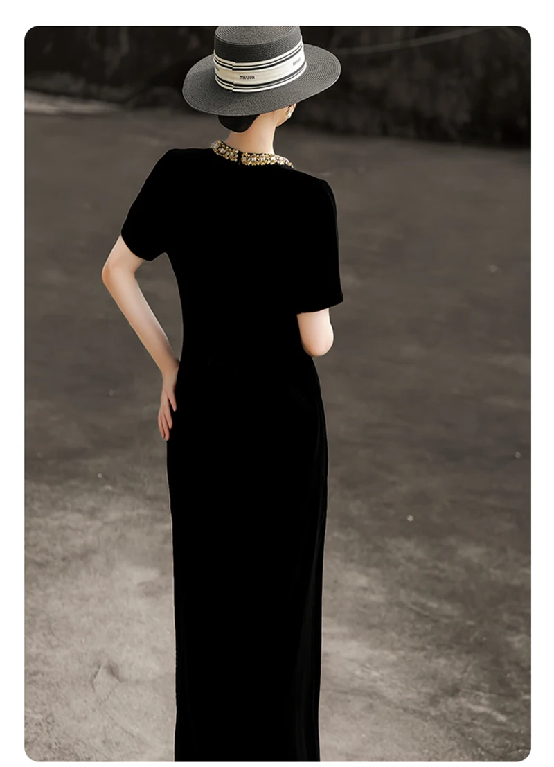 فستان نسائي من الحرير المخملي الطبيعي بالكامل مع زخرفة مطرزة، وسحر أنيق ونبيل. الفستان أملس ولامع #2