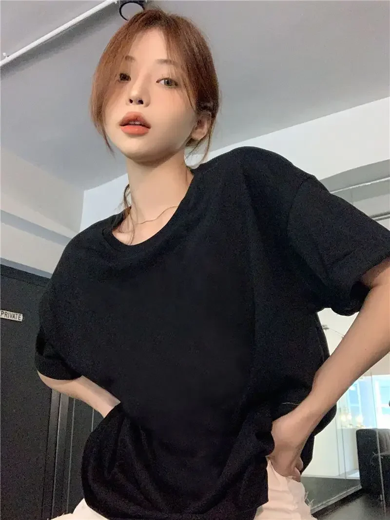 

Pure Cotton Loose Casual Top for Women Round Neck Clothing Korean Version White T-shirt Summer Solid Color Short Sleeved Top Ins