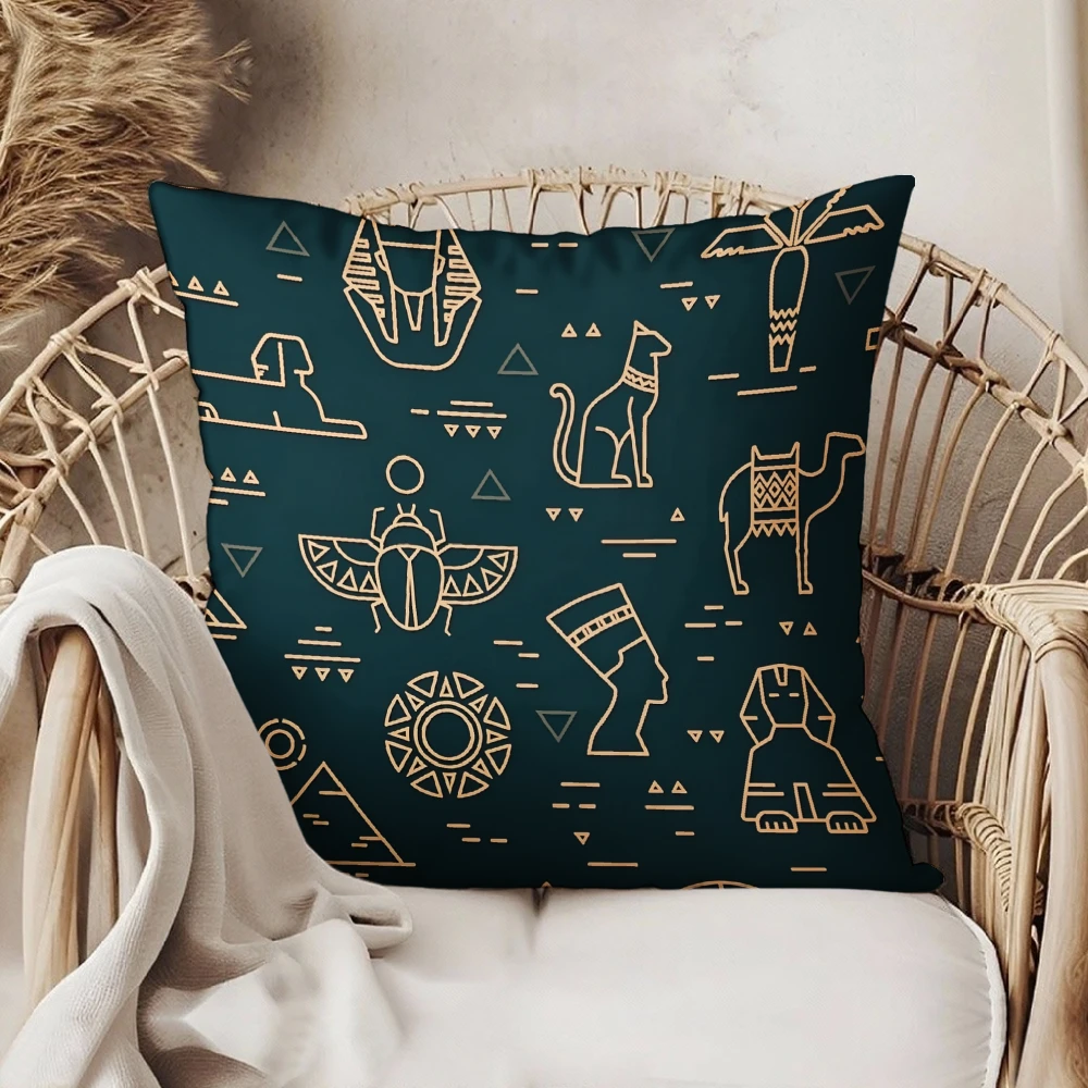 Square Throw Pillow Cover Dark Teal Egyptian Hieroglyphs Pattern Decorative Cushion Case For Sofa Bedroom Living Room Home Decor