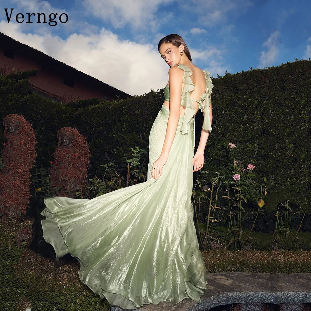 Verngo Shiny Green Evening Dress Spaghetti Straps A Line Formal Occasion Dresses Women Sexy Cut Out Prom Gowns Customized