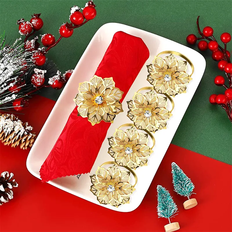 1/6PCS Hollow Crystal Flower Napkin Holder Stainless Steel Napkin Ring Decor Towel Holder Home Wedding Party Tabletop Decoration