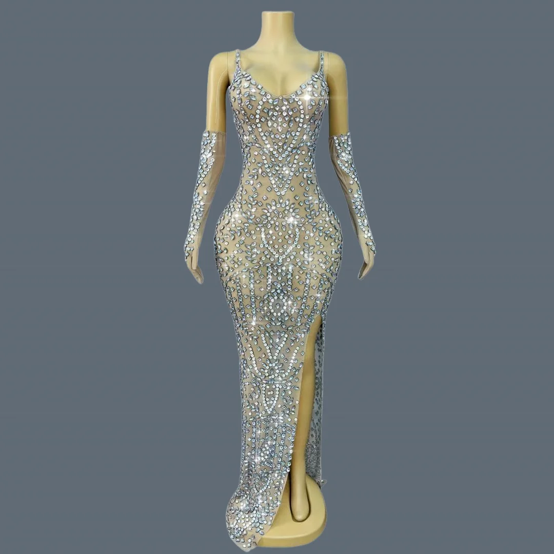 

Sparkly Crystals Wedding Dress With Gloves Luxury Elegant V Neck Long Dress Gala Prom Red Carpet Sexy Evening Dress Xingyunzuan