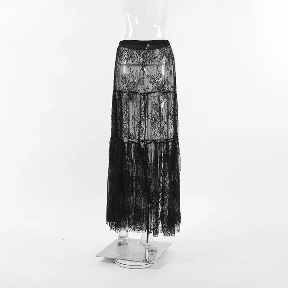 Soft Drape Sheer Lace Skirt Bottom High Waist Mesh Layer Lace Outfit Black Tone Long Cut Long Garment Date Meet