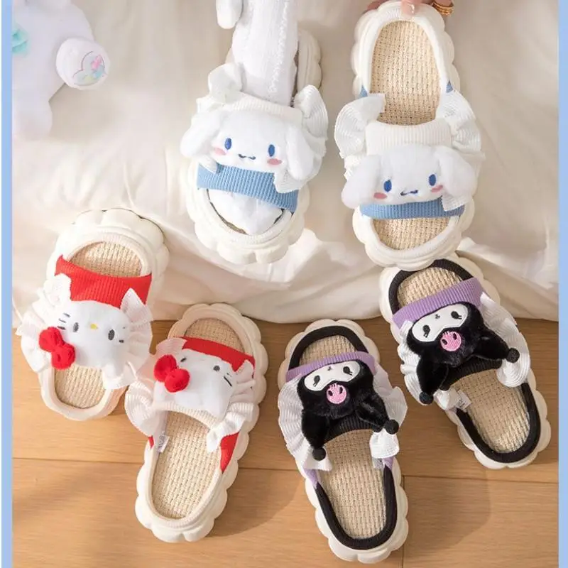 

Hello Kitty Cartoon Fashion Cotton Slippers Sanrio New Style Anti Slip Breathable Linen Slippers Indoor Thick Soled Flat Heels
