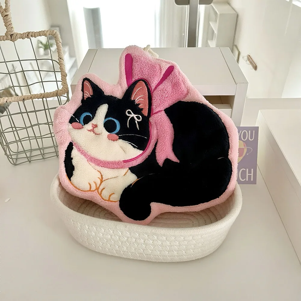 

2pcs Water Absorption Cartoon Cat Hand Towel Coral Fleece Skin-friendly Kitchen Handkerchief Hanging Thickened