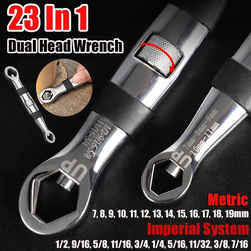 23 In 1 Universal Wrench Dual Head Metric Imperial Adjustable Wrench Set Ratchet Wrench 7-19MM Spanner for Car Repair