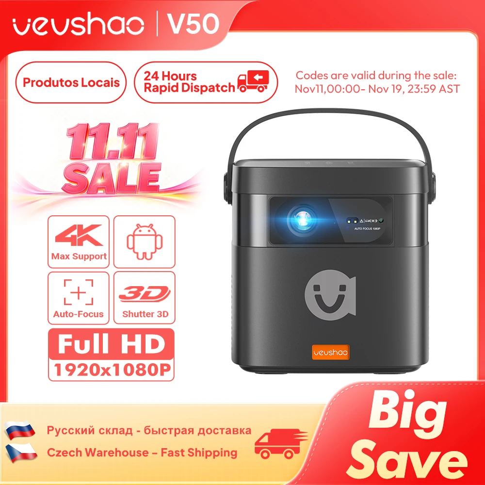 VEVSHAO V50 جهاز عرض محمول 4K 3D WiFi Full HD1080P مدمج 2 × 10 وات مكبرات صوت للمسرح المنزلي مع بطارية 15000 مللي أمبير في الساعة