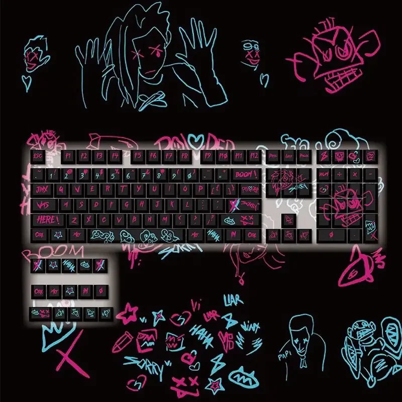 123 Keys Game Character Jinx Cherry Keycap Graffiti Mechanical Keyboard PBT Five-Sided Thermal Sublimation DIY Anime Keycaps