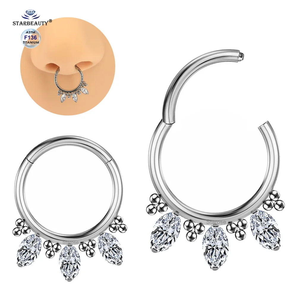 

Starbeauty Clear Oval Zircon Bead ASTM F136 Titanium Septum Piercing Nariz Hoop Clicker Nose Rings Helix Piercing Conch Earrings