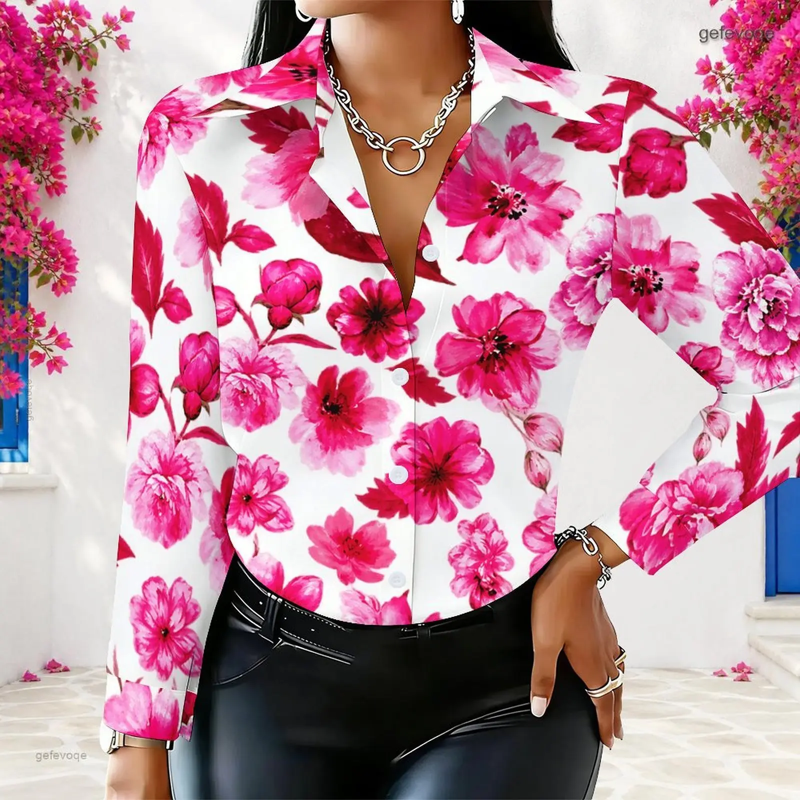 Women Printed Shirt Collared Neck Long Sleeve Button Front Curved Hem