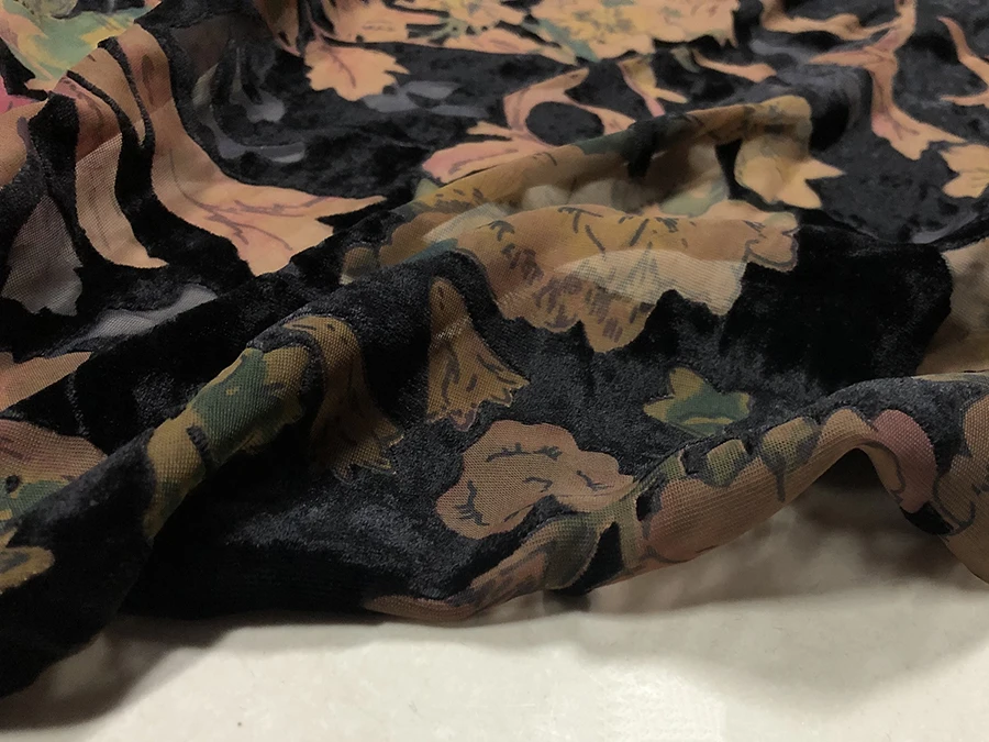 

High Quality Real Silk Velvet Clothing Fabric Black Color Peony Hollow out Etched-out Designer Dress