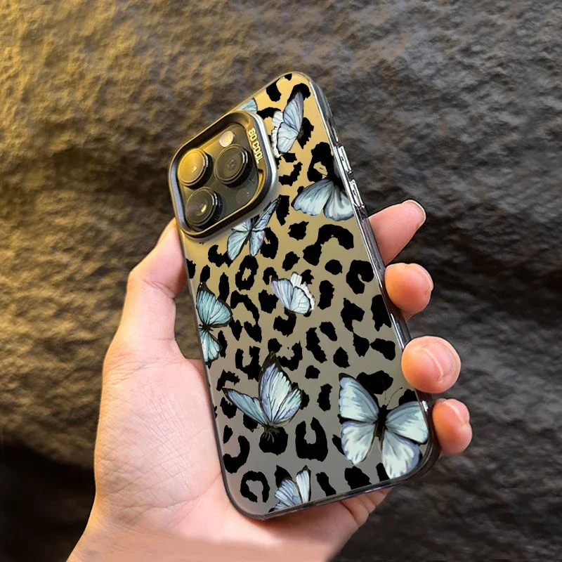 Серебристый чехол IMD с гальваническим покрытием Butterfly Lips Leopard для iPhone 16, 15 Pro Max 14, 13, 12, 11, 7, 8 Plus X XS XR, противоударный чехол