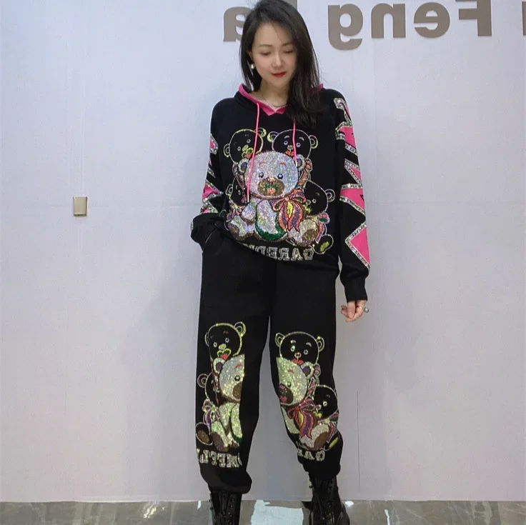 

Casual Two Piece Pant Sets Women Spring Clothing Bears Cartoon Pattern Diamonds Knitted Tracksuit Hooded Tops Stretchy Joggers
