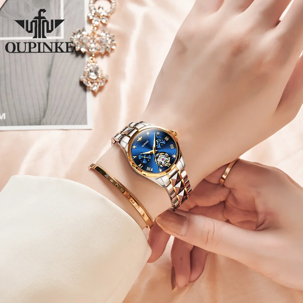 OUPINKE Women Watch Automatic Skeleton Tourbillon Sapphire Crystal Waterproof Elegant Luxury Ladies Wrist Watch Bracelet Set