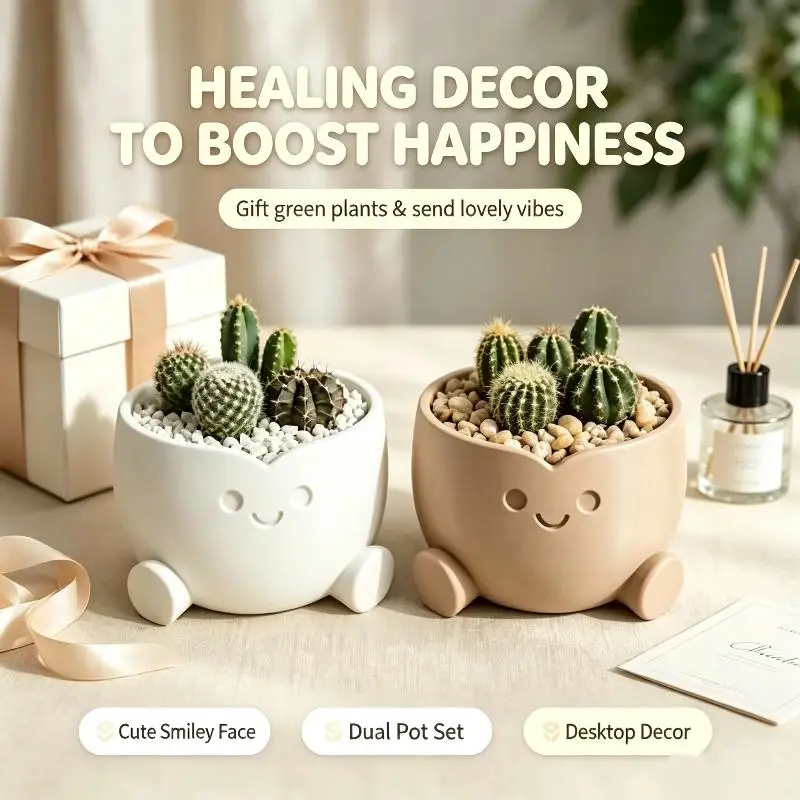 3D Printed Kawaii Smiling Figure Planter Pot Mini Small  Flower Pot for Study Desk Decor Home Table Ornament
