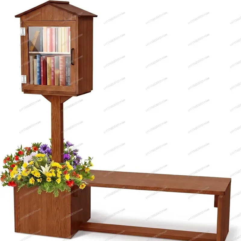 Outdoor Wooden Mailbox with Seat and Planter Base Solid Wood Letter Storage Box Garden Fence Decoration Green Plant Holder