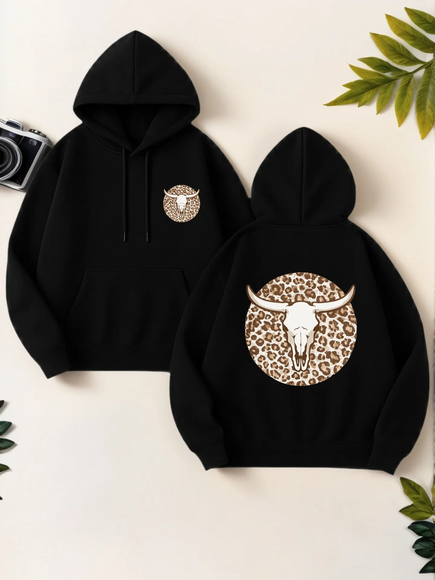 هوديي جرافيك للنساء، طباعة جمجمة البقر والفهد، ملابس الشارع الجمالية، نسيج مريح، ملابس يومية غير رسمية، للشباب