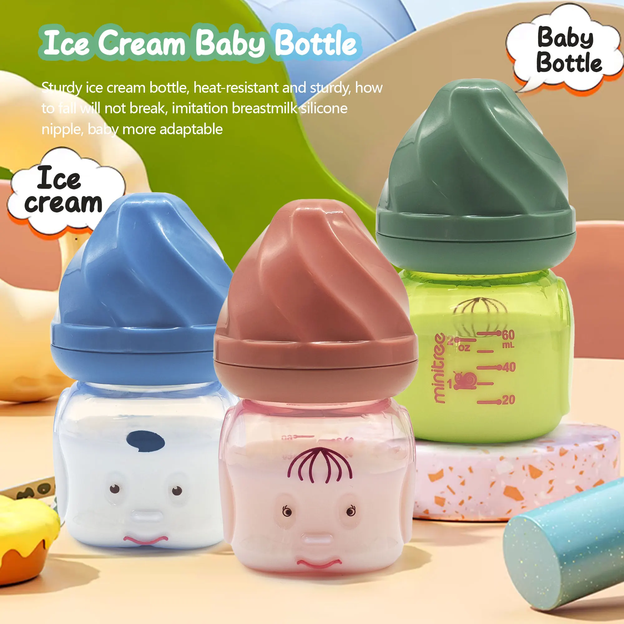 60ml wide diameter PP material baby bottle，the Best Gift for Baby，cute and creative ice cream doll shape baby bottle, ,BPA free