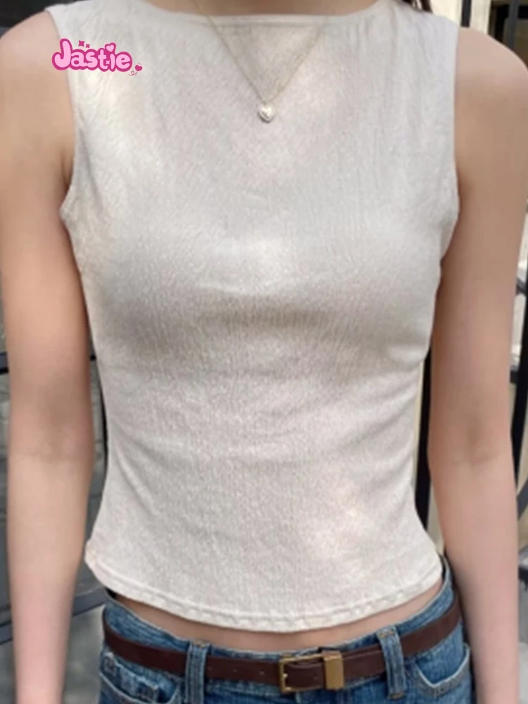 Beige Folds Slim Crop Top Women Casual Summer Round Neck Sleeveless Solid Short Vests Female Vintage Sweet Tank Tops 2023 New