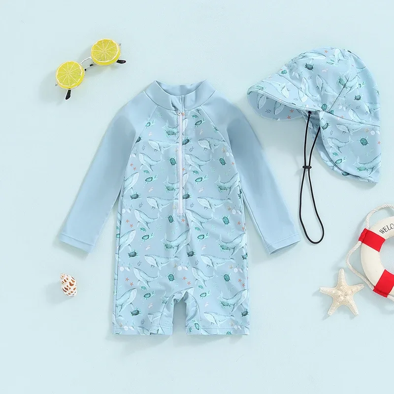 Baby Boy Whale Print Swimwear Set with Hat 2