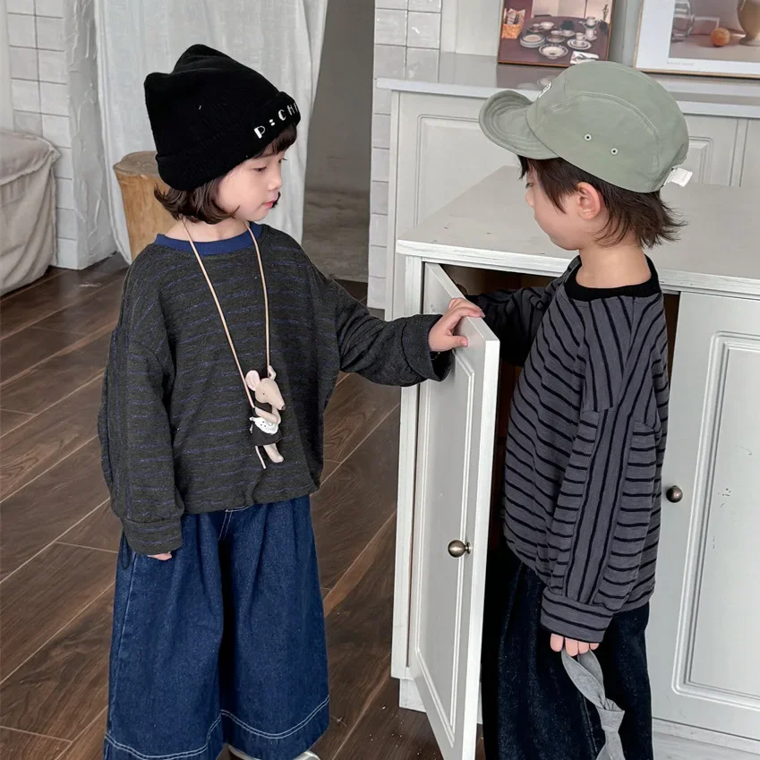 

Undershirt Children Clothing Stripe Long Sleeves Baby Color Collision Versatile Round Collar Loose 2024 Tops Simple Causal