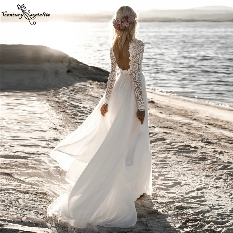 Beach Wedding Dresses 2025 Lace Tulle Long Sleeve O Neck Backless A Line Boho Bridal Gowns for Women Bride Customized