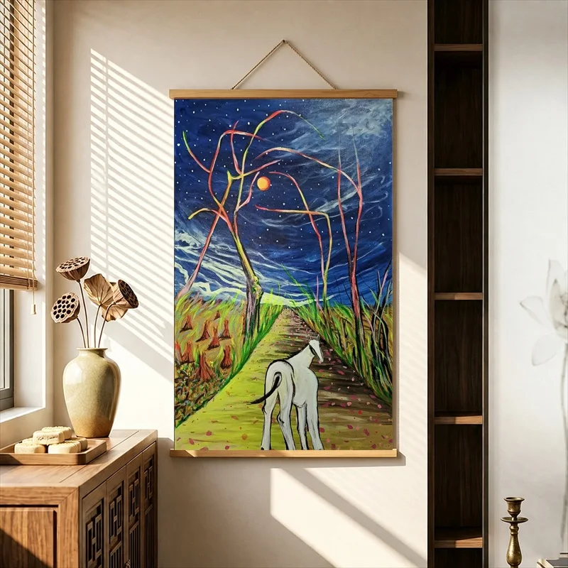 Wall Decorations Solitary Figures in Gardens and Quiet Interiors, Pearlescent Canvas Hanging Scroll for Reading Nook Wall Decor