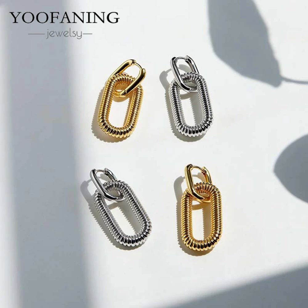 

YOOFANING 925 Silver Needle Ins Gold Simple Circle Earrings Square Convex Pattern Lock Ring Design Men's/Women's Jewelry Party