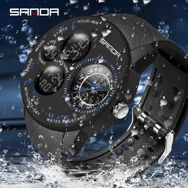 

SANDA Dual Display Quartz Men's Watch Led Display Zodiac Dial Unique Design Alarm Clock Automatic Date Multifunction Wristwatch