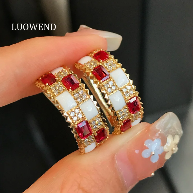 LUOWEND 100% 18K Yellow Gold Earrings Vintage Fashion Style Shiny Diamond Natural Ruby Hoop Earrings for Women Senior Banquet