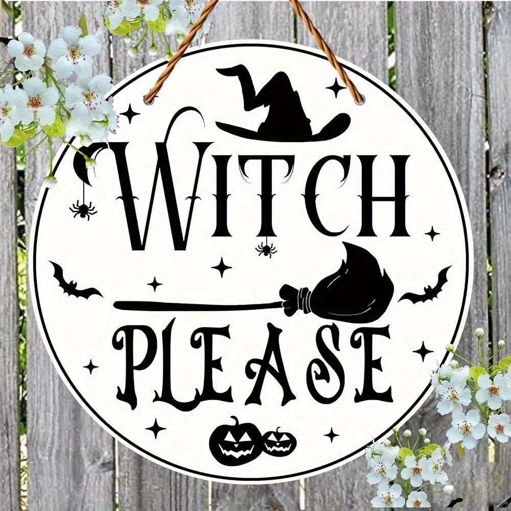 2D Flat, Witch Please Wooden Wall Sign - Retro Bohemian Round Witch Hat & Broom Decor with Witches' Broomstick, Bats & Stars - A