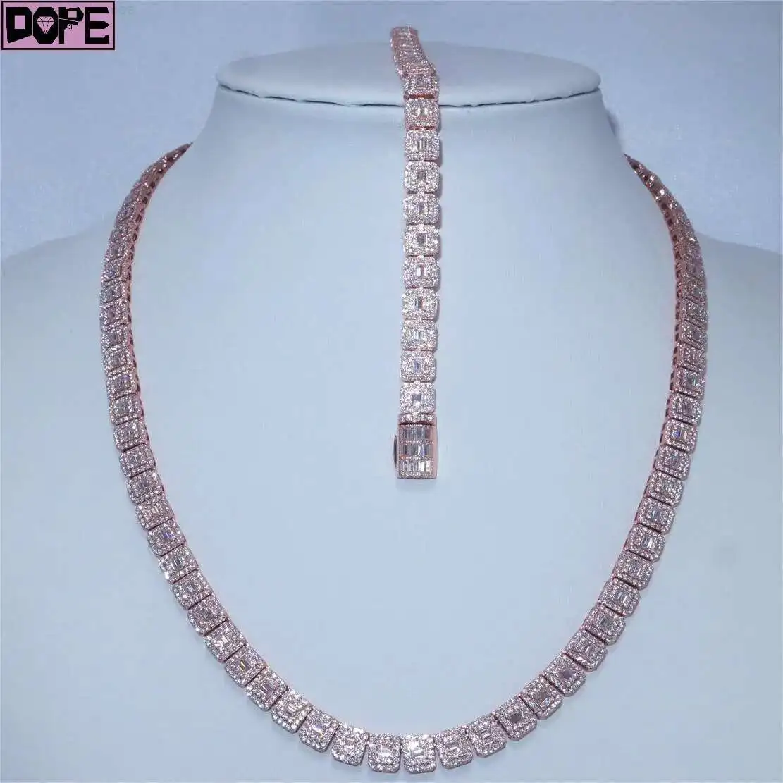 

925 Sterling Silver Bling Iced Out Diamond Tennis Chain Rose Gold Iced Out Custom Moissanite Tennis Chain