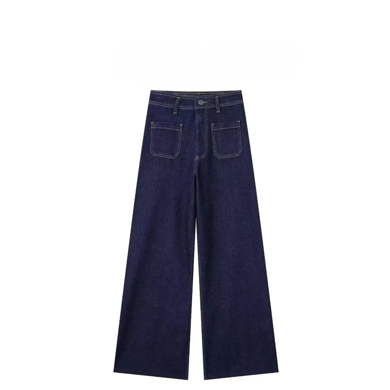 

European and American Style Comfortable and Loose, New Pants Navy Style Pocket Decoration Straight High Waist Jeans