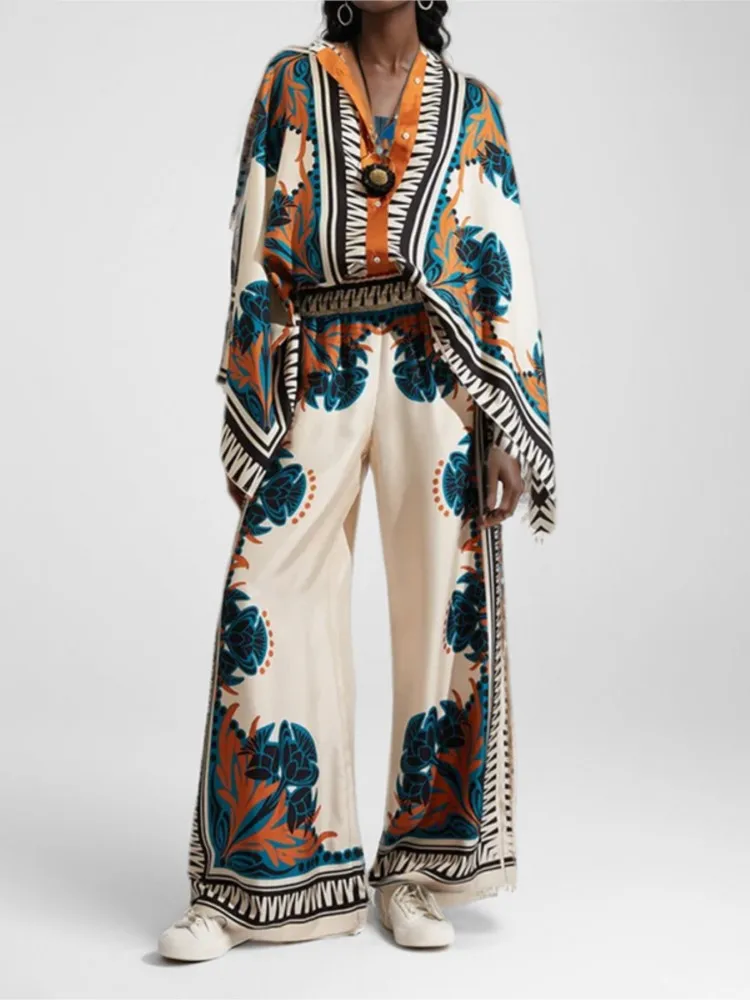 2 Piece Sets Fashion Women's Irregular Geometric Print Pants Sets Long Sleeve Shirts And Wide Leg Pants Stylish Streetwear Suit image 2