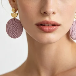 Matte Spring Vintage Elegant Multi-Shaped Polymer Clay Earrings Set Sandy Effect Pale Colors Feather Leaf Pattern Jewelry Studs