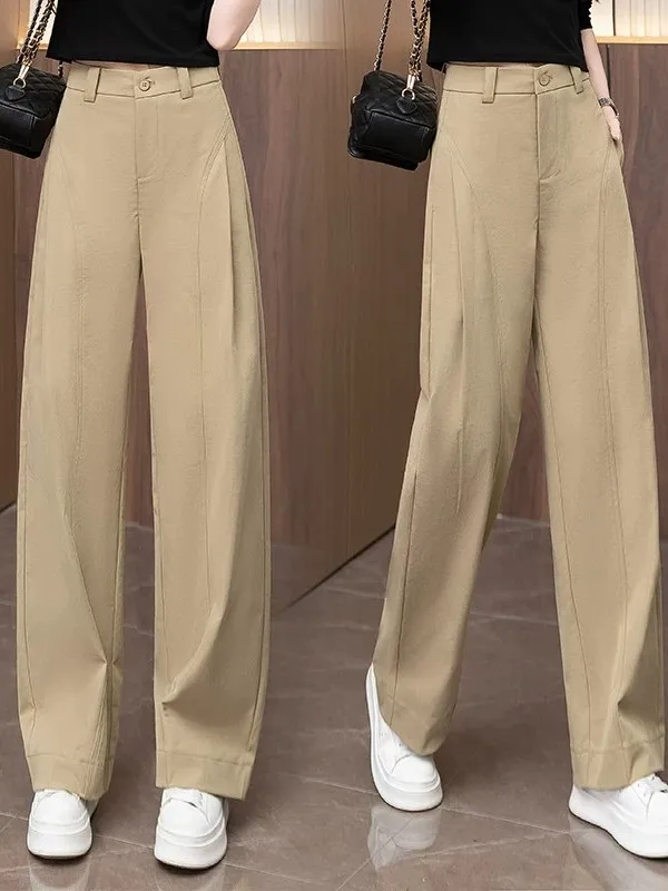 Slimming Pleated High Waist Casual Pants Women's Spring Autumn New Style Anti-Wrinkle Loose Wide Leg Knife Trousers