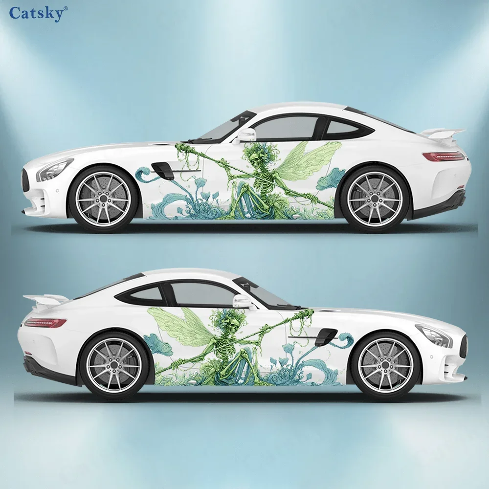Fresh green skull fairy Car Side Car Wraps, Self-Adhesive PVC Waterproof & Scratch-Resistant Stickers, Car Accessory Gift
