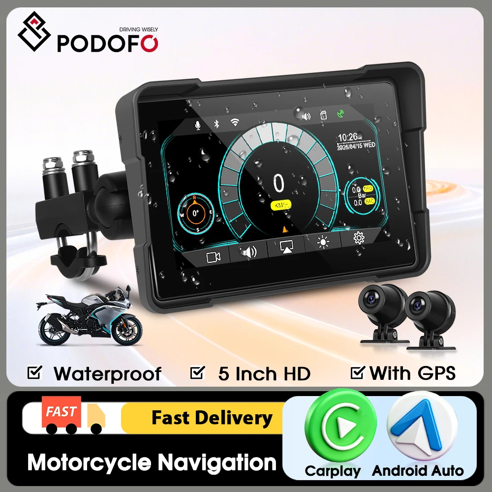 Podofo Lecteur intelligent portable pour moto de 5 pouces, Carplay sans fil, Android Auto, Navigation numérique pour moto, étanche IP68 avec 2 caméras, prend en charge le TPMS, le contrôle du volant, la carte SD