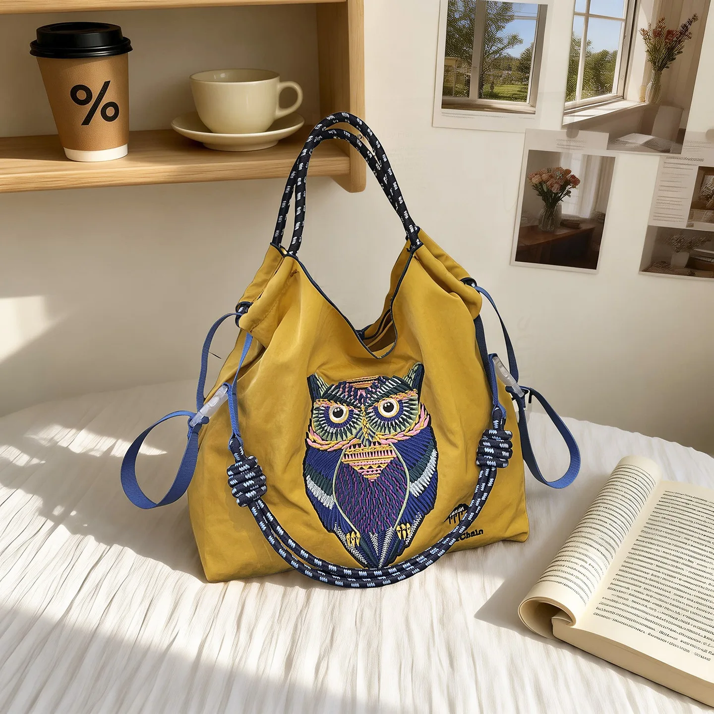 

Owl Cartoon Embroidered Large-capacity Nylon Women Tote Bag Summer New Shoulder Crossbody Bag for Lady Lightweight and Simple