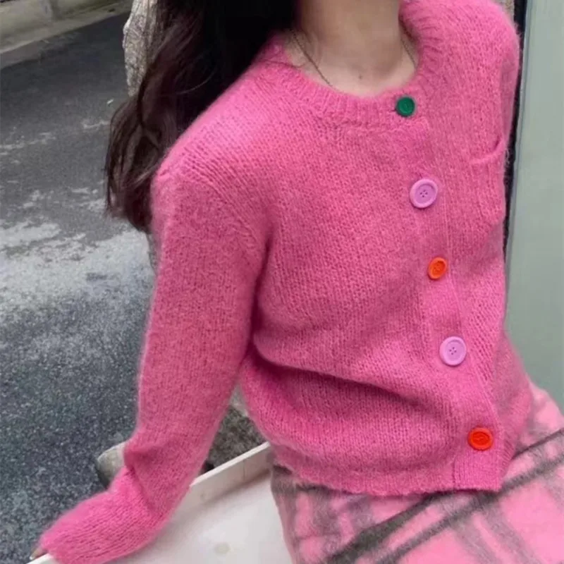 

Japanese and Korean Style Solid Color Knitted Women's Sweater Jacket Sweet Short Cardigan 2024 Autumn/winter Pink Sweater A241