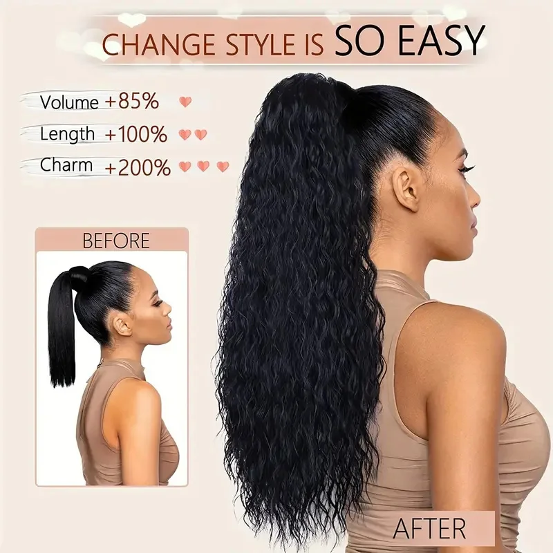 Extensão de cabelo longo rabo de cavalo encaracolado para mulheres, clipes sintéticos, uso diário, aparência natural, fácil de estilizar, extensão