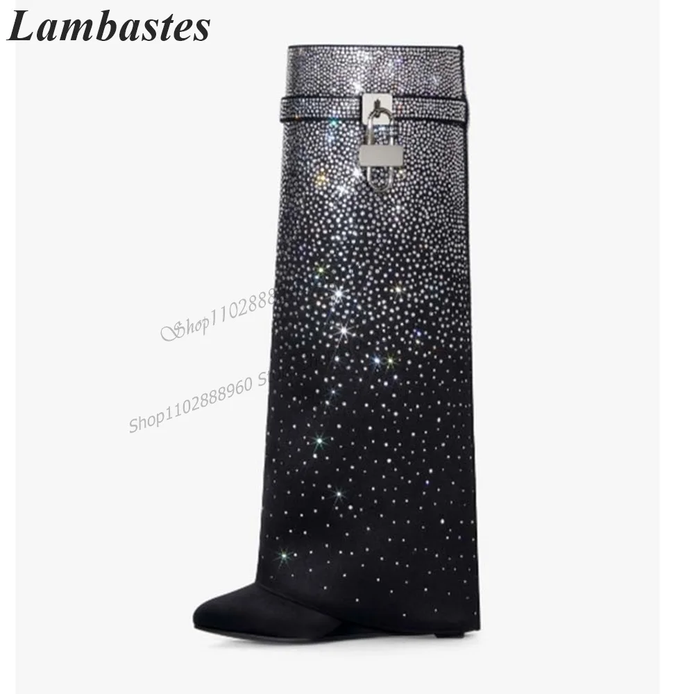 Western Gradient Color Crystal Lock Decor pantaloni Shark Boots zeppe tacco scarpe da donna Slip-On punta tonda 2023 Zapatillas Mujer