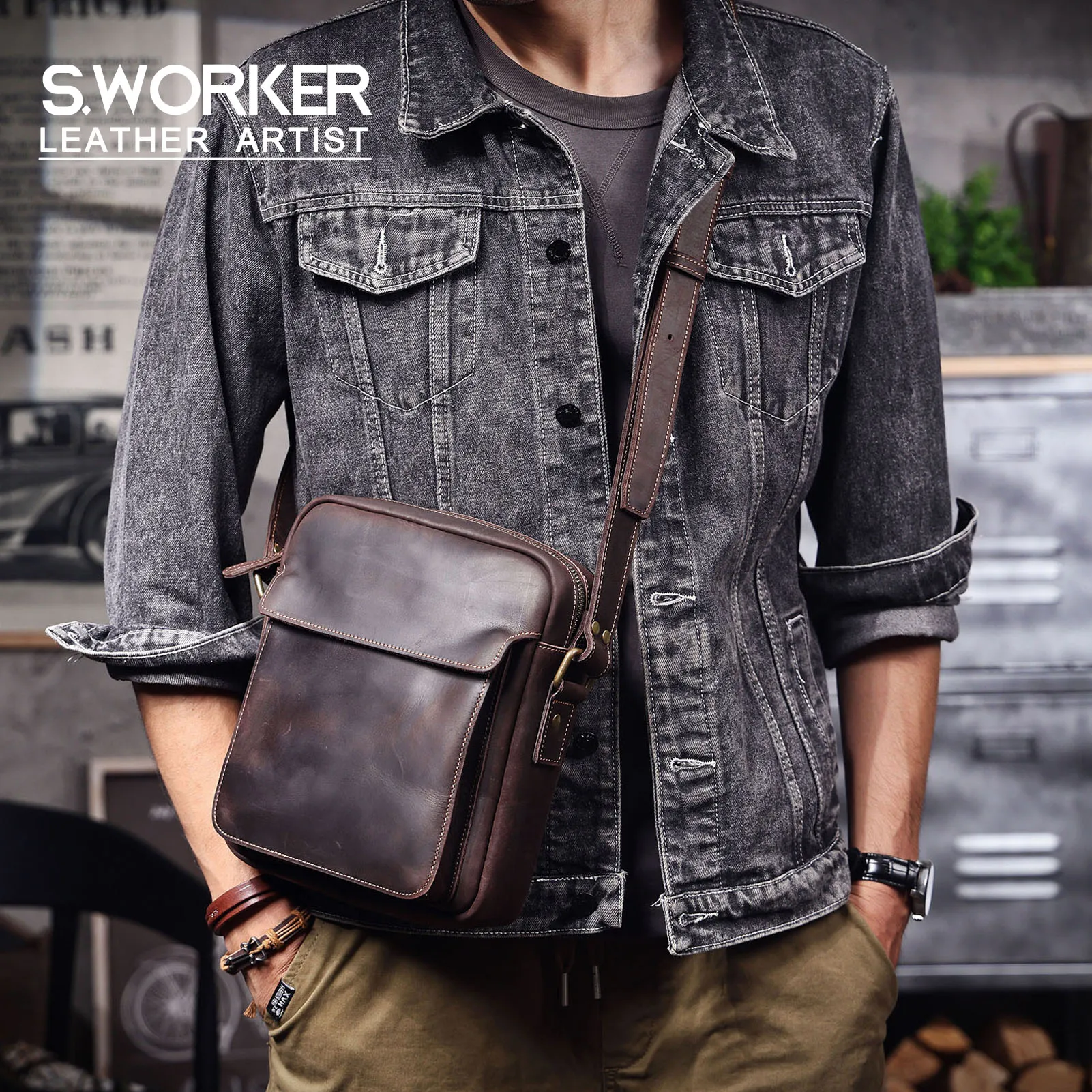 S.WORKER Vollnarbenleder Herren-Umhängetasche Vintage Crossbody Sling Bag für Männer – Detail 2