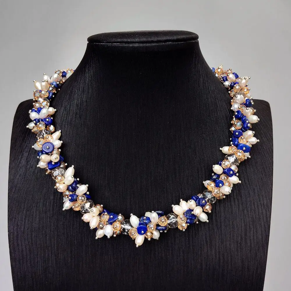 YYGEM 6mm champagne Blue Grey Rondelle Crystal White Rice Pearl Wrap Chorker Necklace