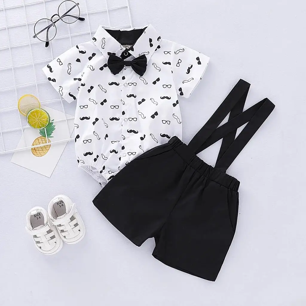 0-24 Months Baby Boys Costumes Short Sleeve Bodysuit with Bow + Suspender Pants Fashion Parties Festivals Gentleman Clothing