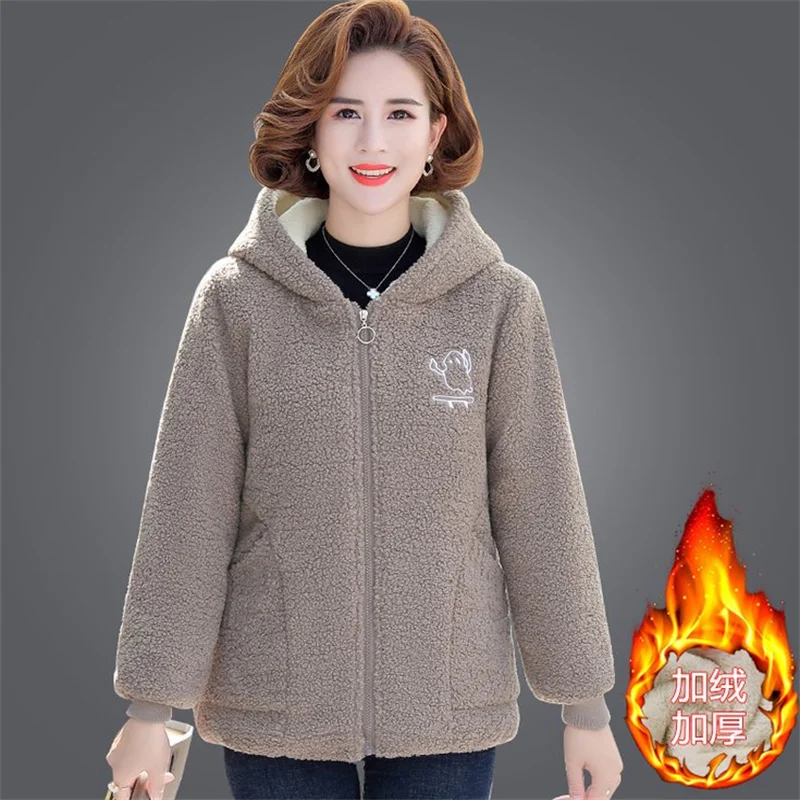 Middle-aged Elderly Womens Lamb Wool Coat Winter Plus Velvet Cotton Jacket Loose Female Hooded Overcoat