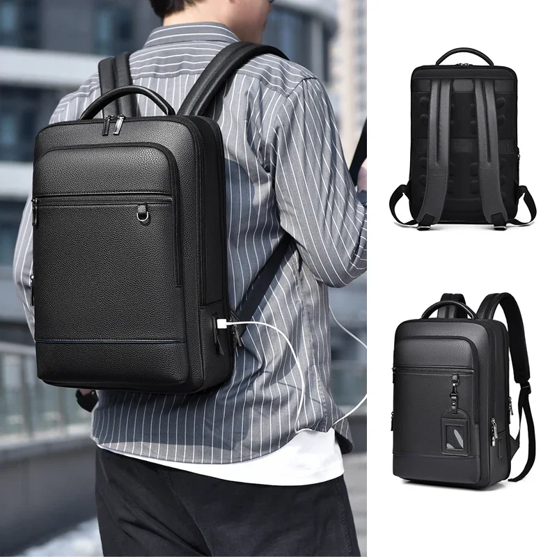 

USB Charging Backpack Men PU Leather Satchel Executive Briefcase Office Travel Laptop Office Business Shoulder Back Pack WT145
