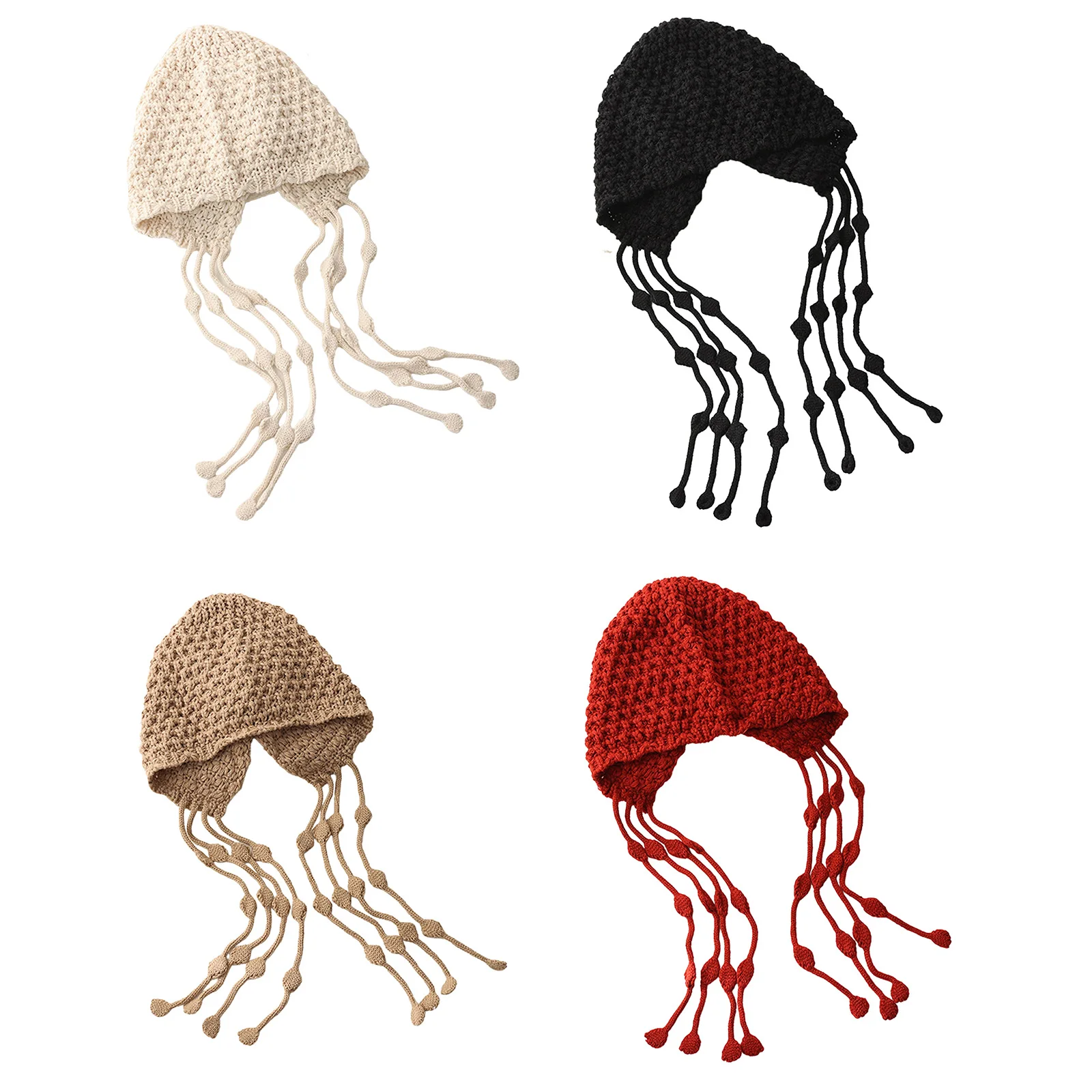 Fashionable Knit Hat Crochet Beanie Tassel Ear Flaps Knit Hat with Pompom Skull Cap for Women Warmer Hat 2