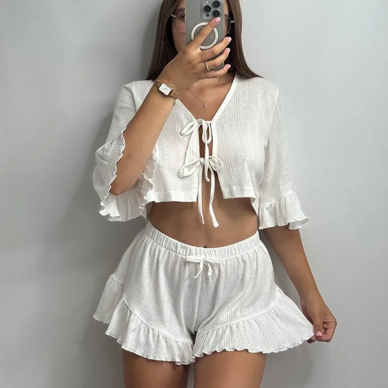 Cardigan Strap Pajamas Women's Ruffle Edge Short-sleeved Shorts Can Be Worn Outside, Comfortable and Breathable Loungewear Set